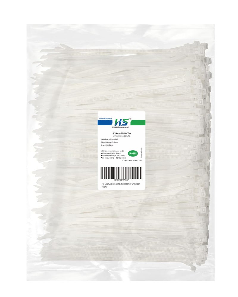 HS Clear Zip Ties 8 Inch (Bulk-1000 Pack) Nylon Cable Ties 40 Lbs Self-Locking Wire Ties for Electronics Organizer - Image 1